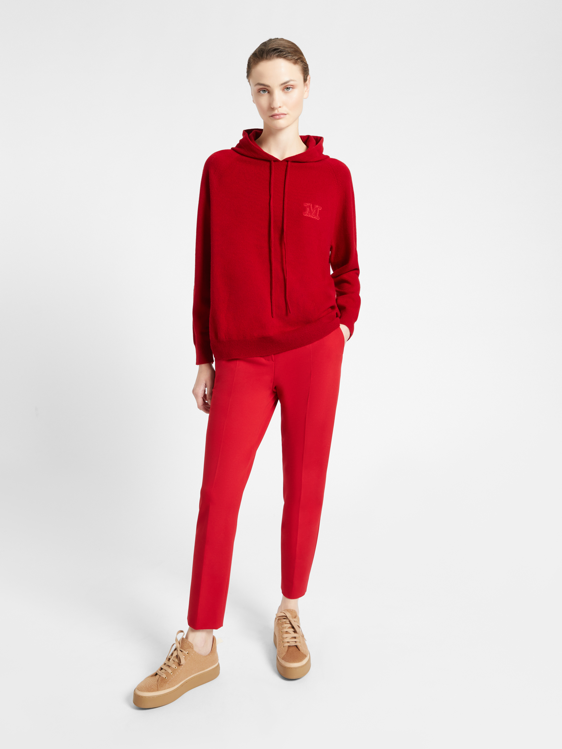 red stretch trousers