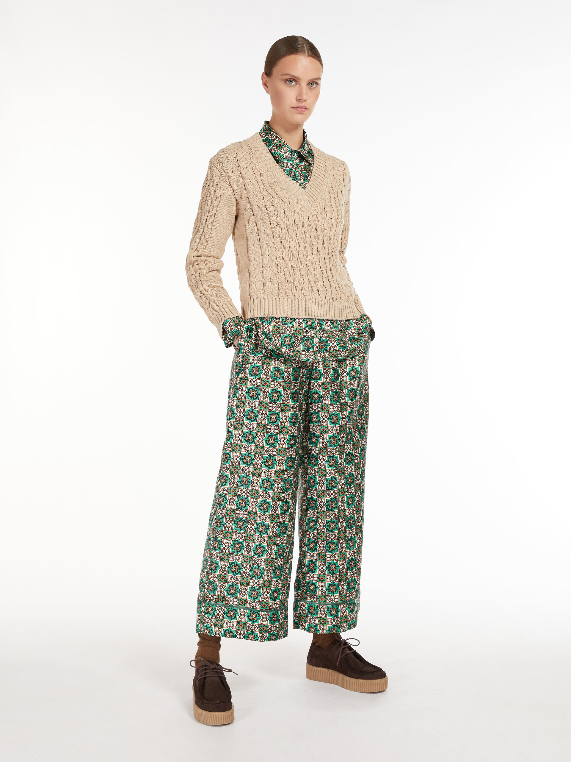 Pantaloni in twill di seta, verde smeraldo - \