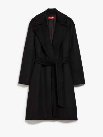 LEEZ Women Midi Wrap Coat Double Wool Fabric - Black