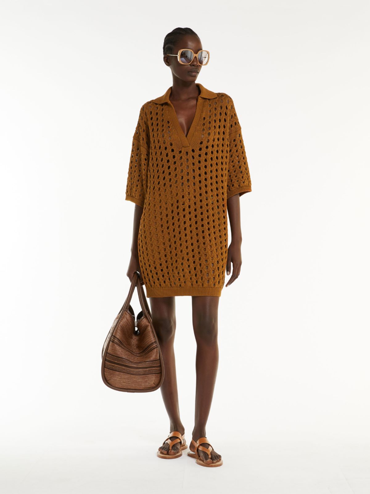 Max Mara Mesh Short Dress In Cotton In Tobacco