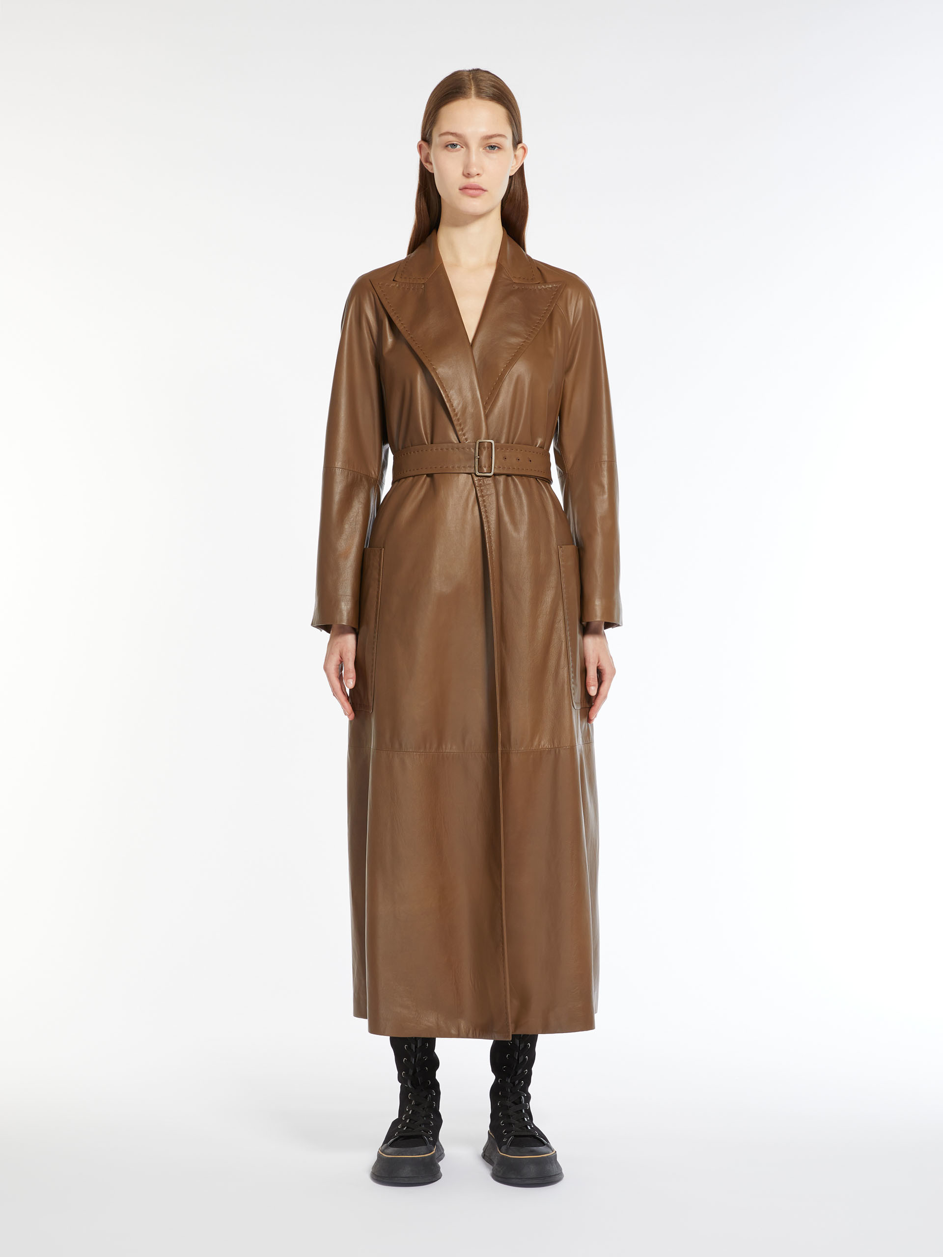 Nappa leather wrap trench coat, tobacco | 