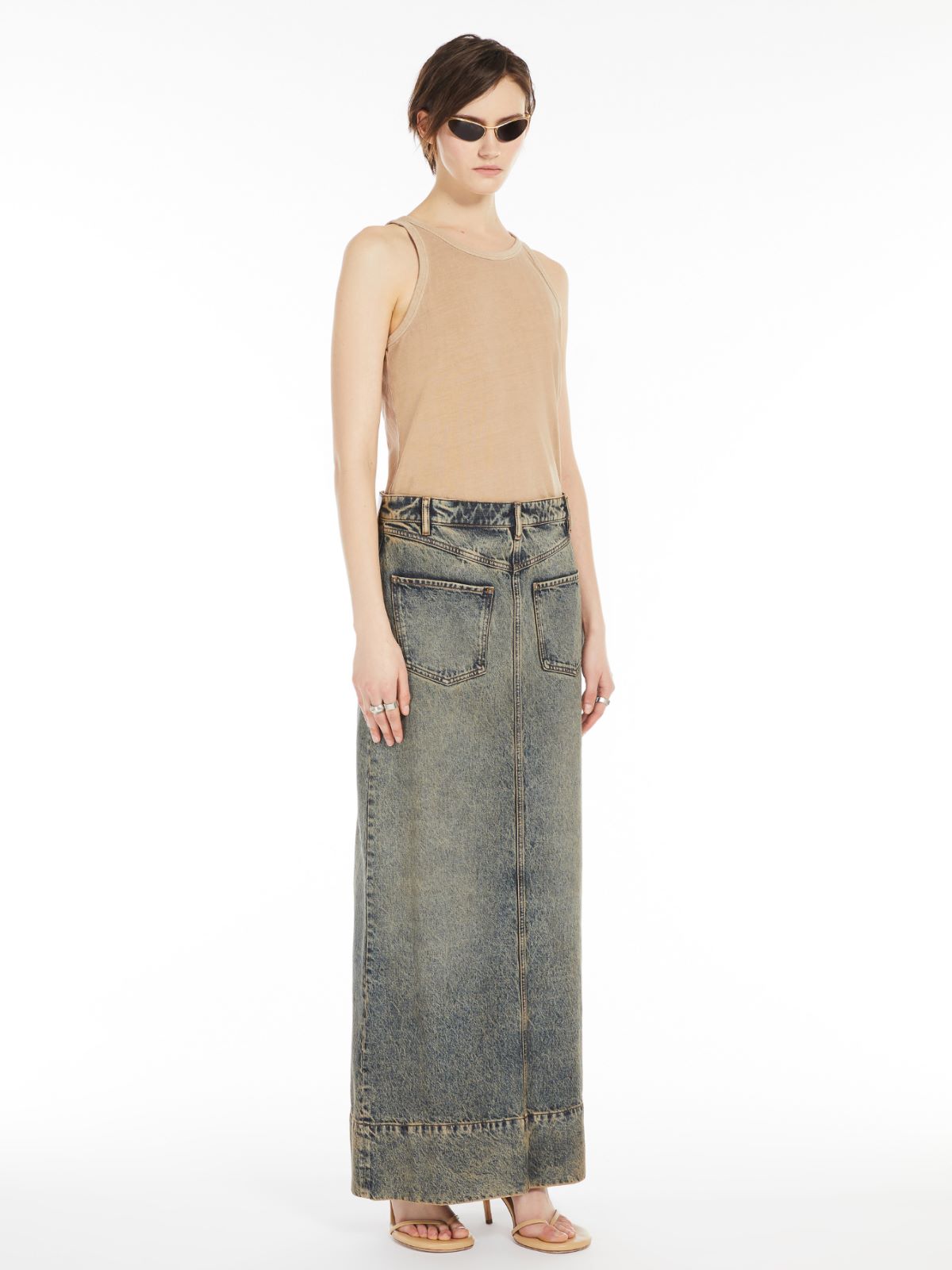Max Mara Long Skirt In Worn Denim In Beige