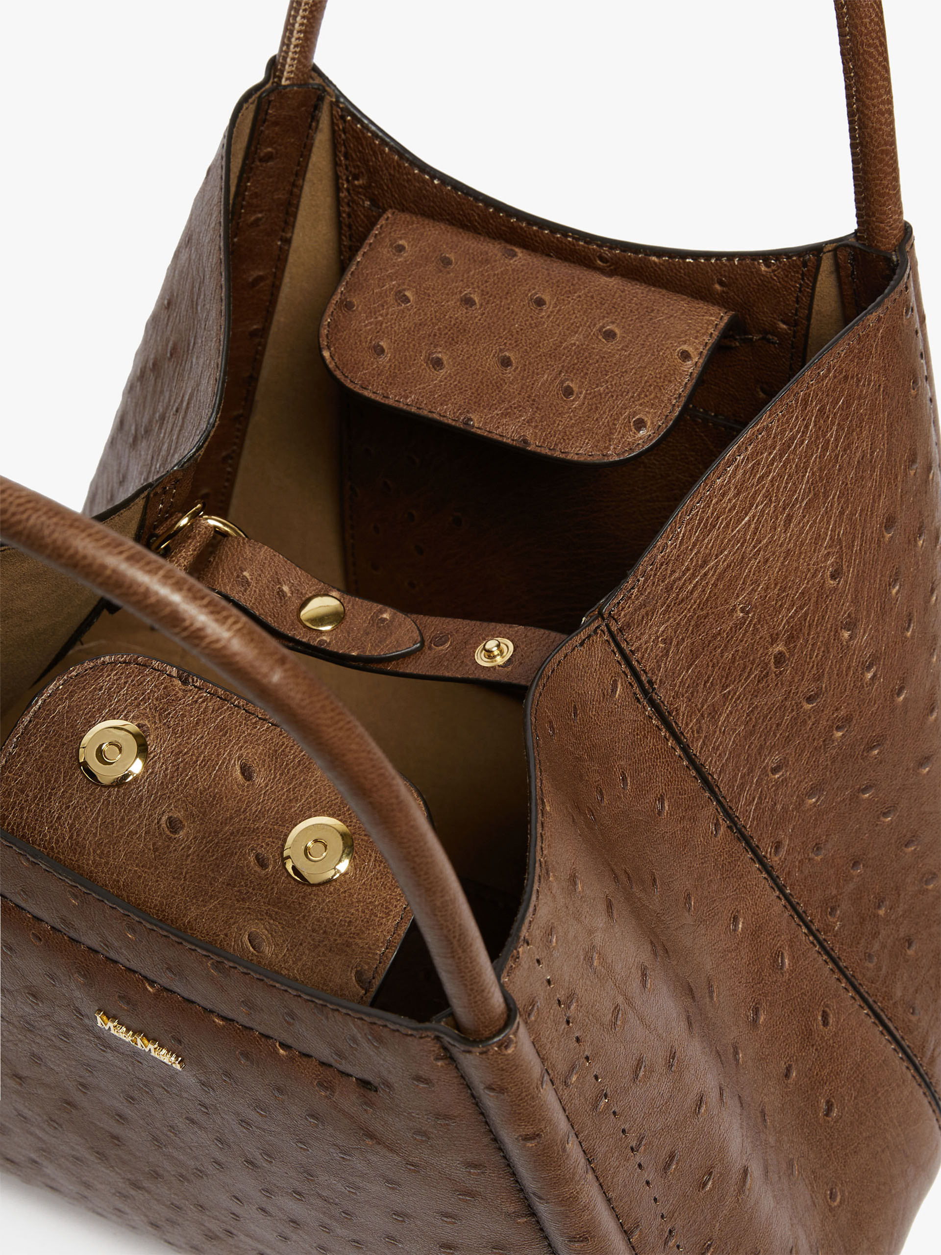 Marine Bag in Small aus Leder mit Straußen-Print, braun  