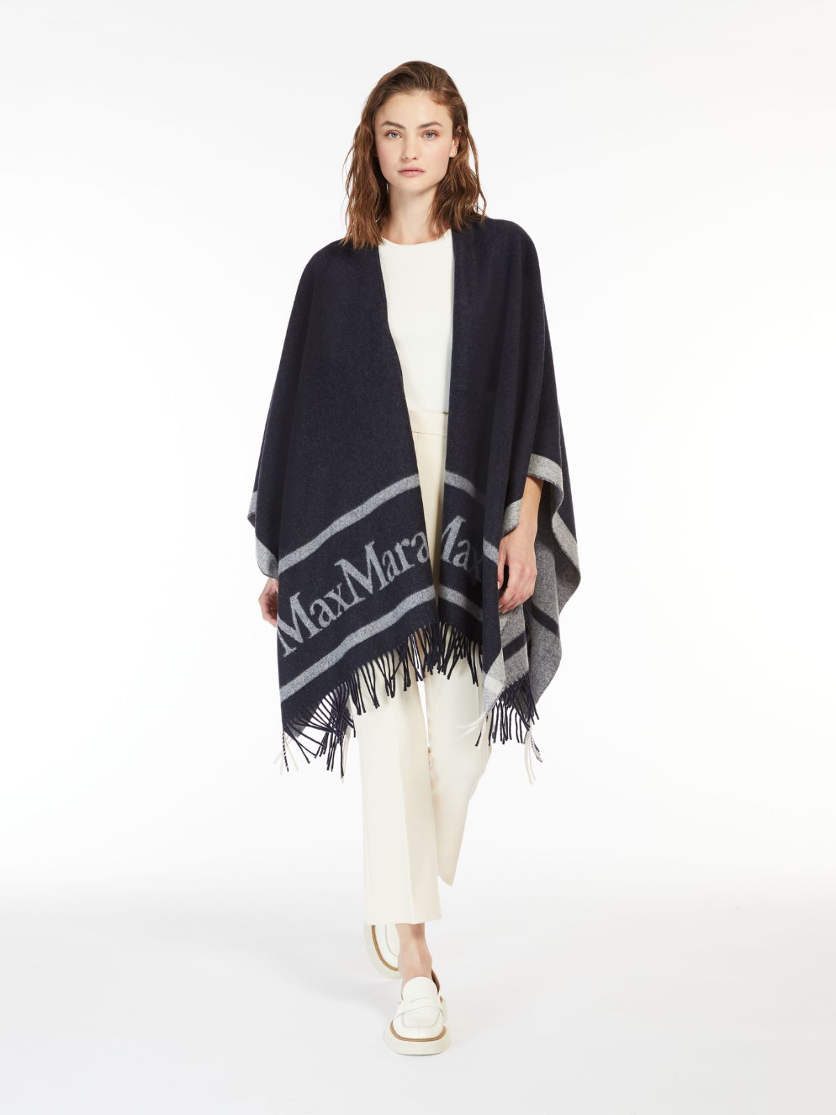 Max Mara Jacquard Logo-decorated Wool Cloak In Ultramarine