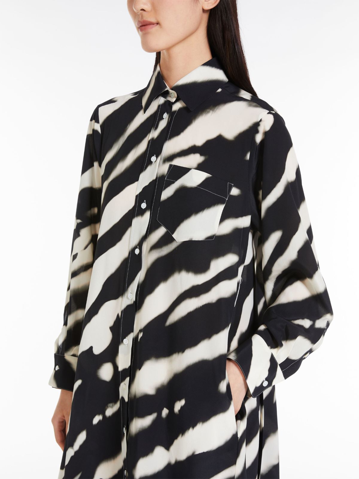Printed crepe de chine shirt dress, black | 