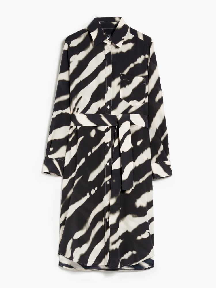 Printed crepe de chine shirt dress, black | 