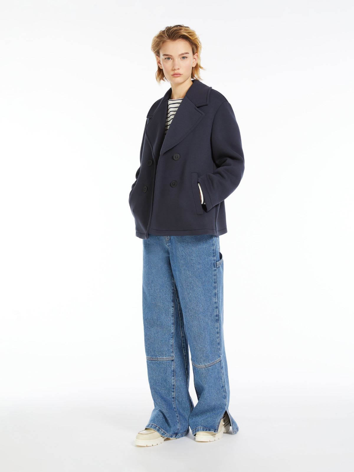 Max Mara Short Piqué Jersey Pea Coat In Navy