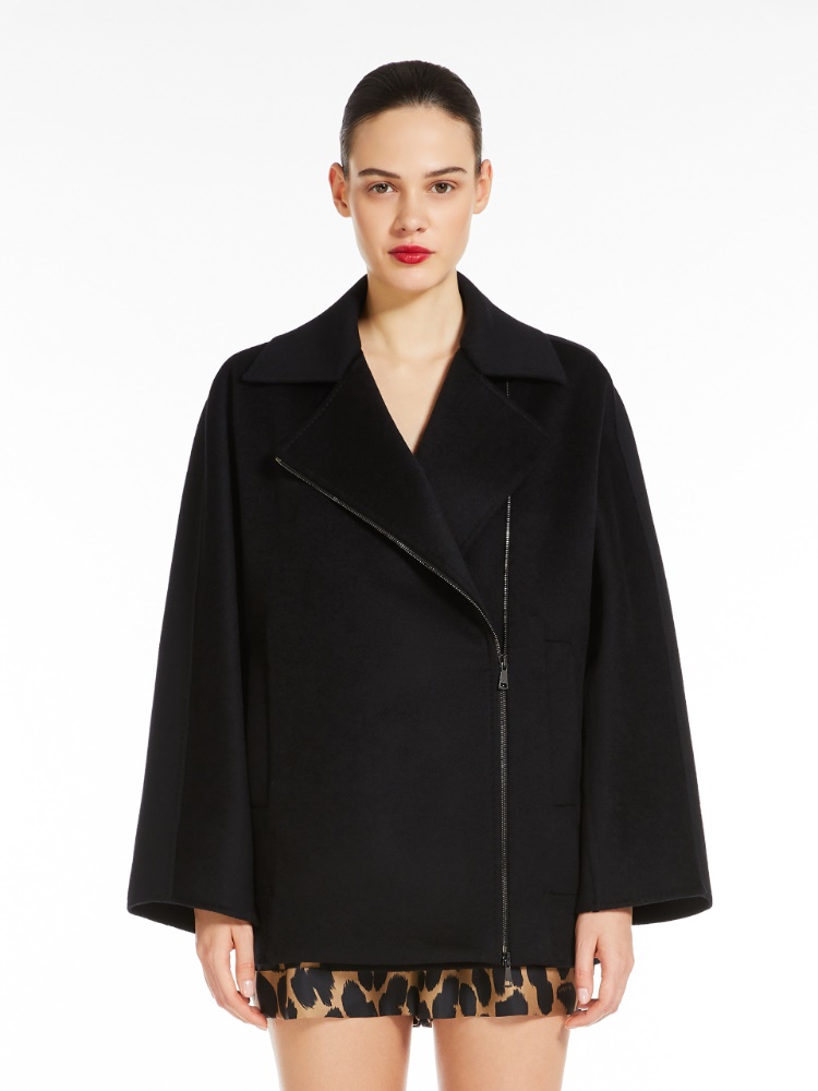 Wool double cloth pea coat, black |