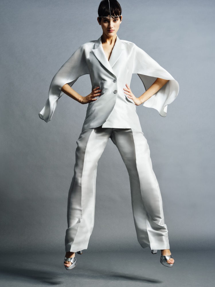 Satin trousers with darts + SILVER - Max Mara