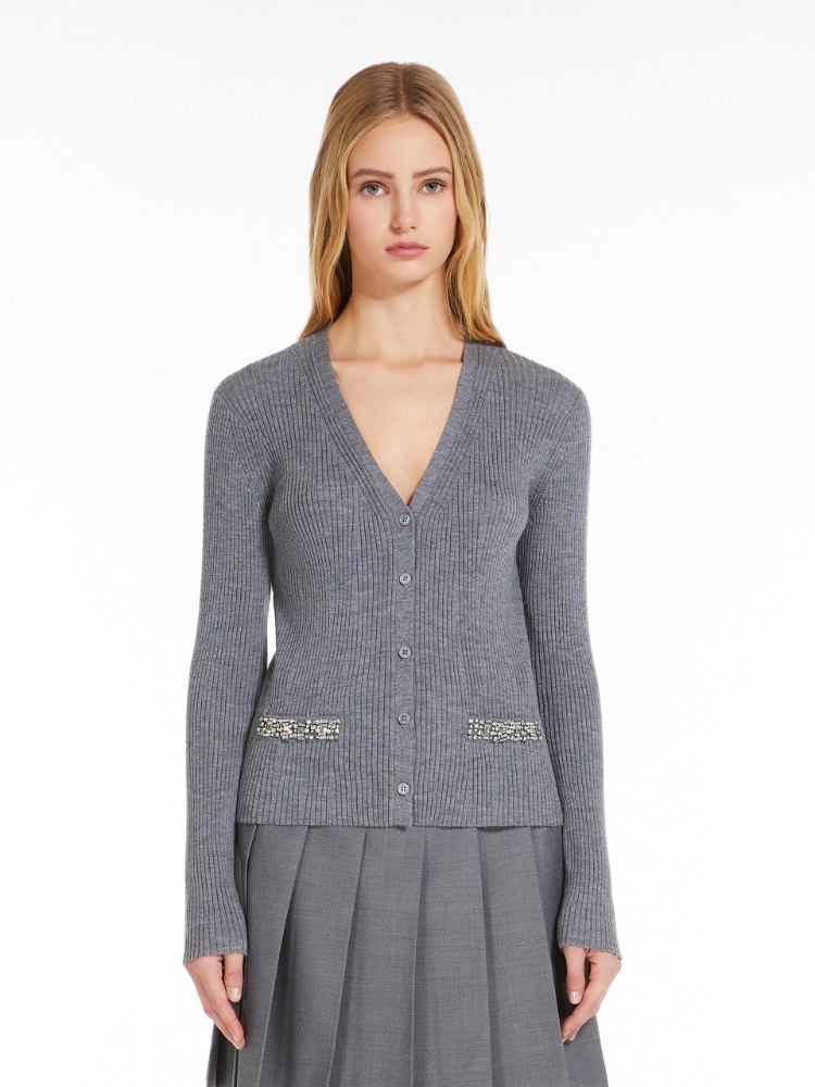 Ribbed wool cardigan with embroidery, medium grey | 