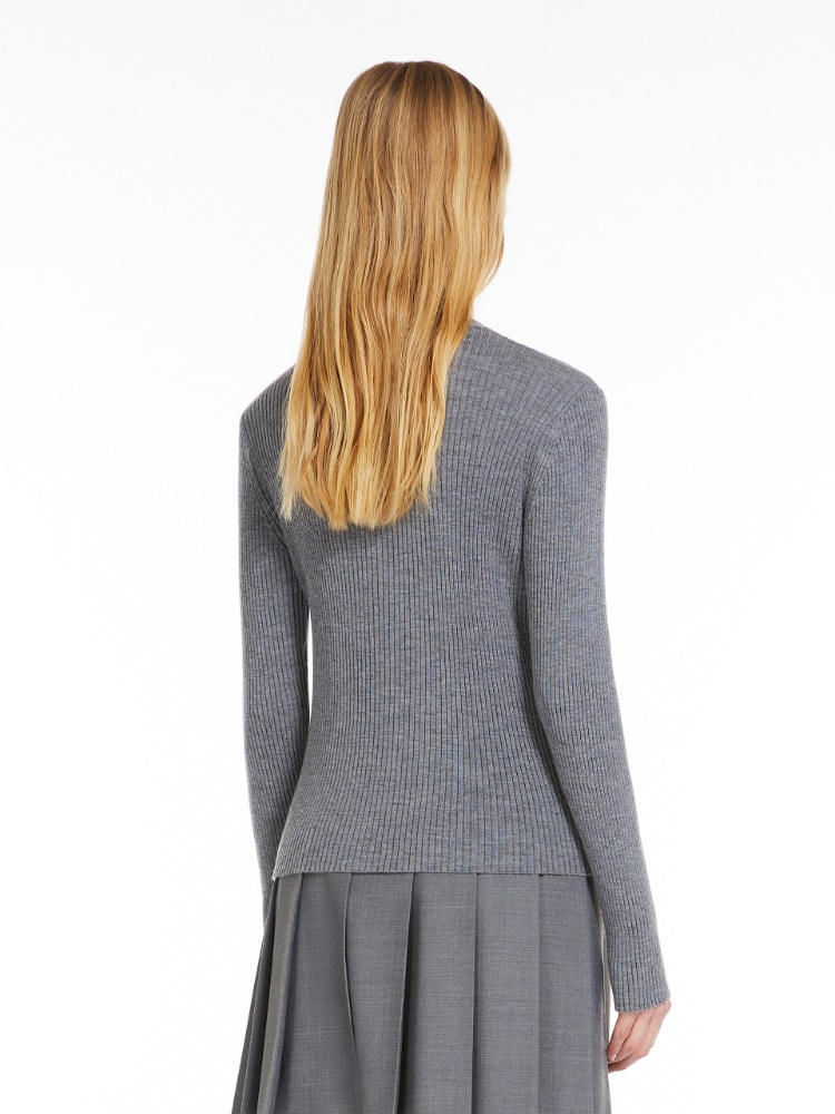 Ribbed wool cardigan with embroidery, medium grey | 