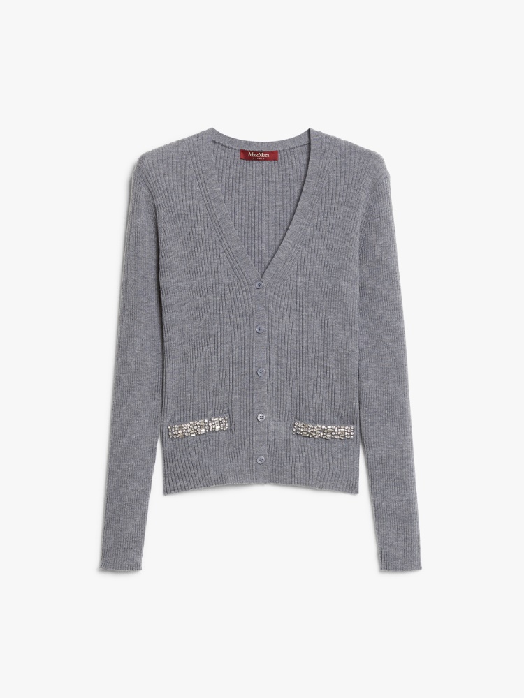 Ribbed wool cardigan with embroidery, medium grey | 