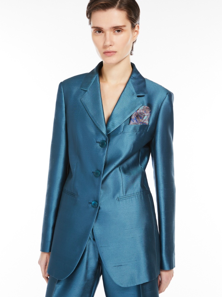 Blazer in silk shantung and cotton, turquoise | 