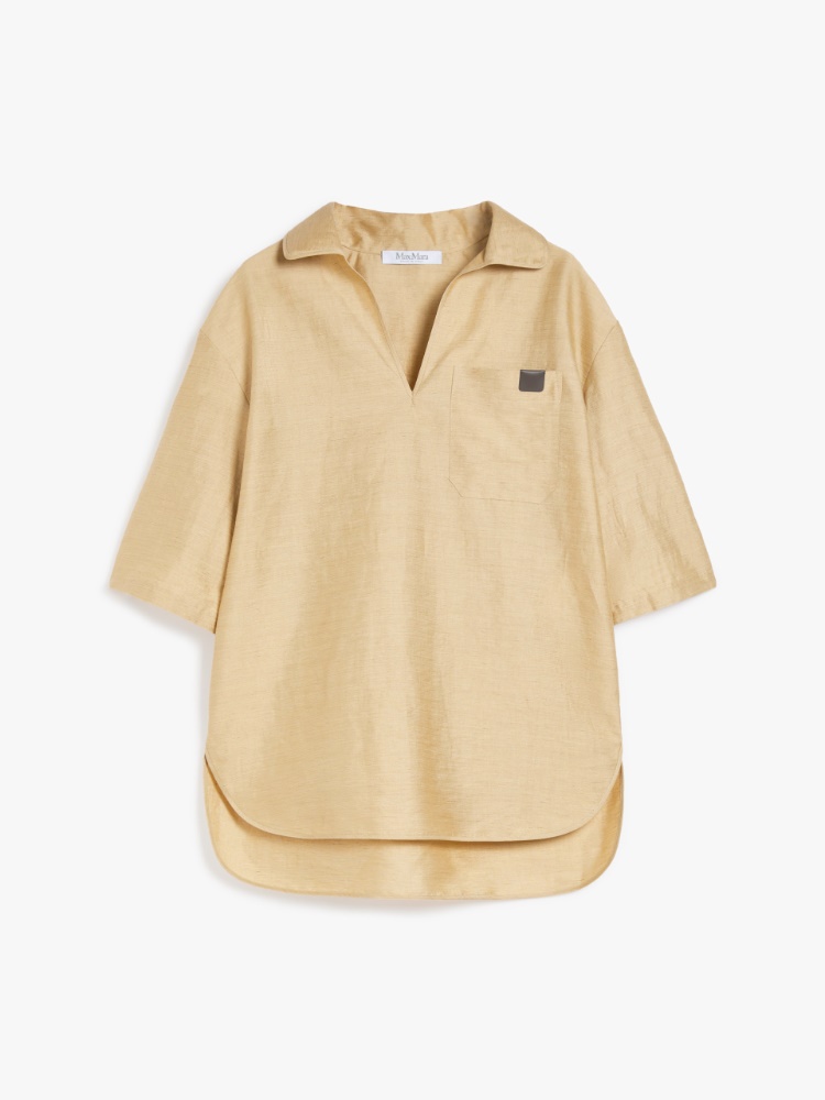 Linen and silk canvas polo sweater, light gold | 