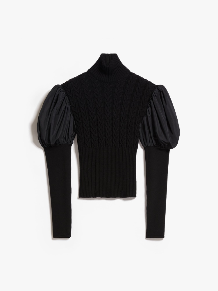 Wool jumper with taffeta sleeves, black | 