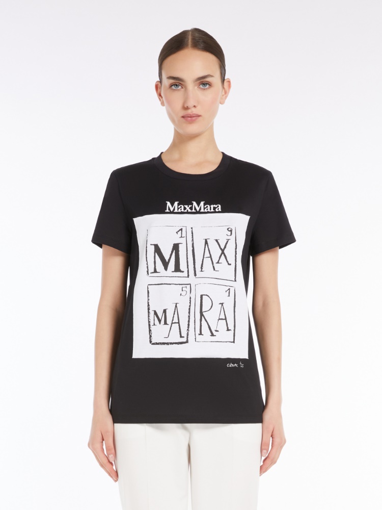 MAXMARA タイカオルオハロコフリントショツ 2511141032600 001 コリブリ] ピュア コットン プリント Tシャツ, black | 