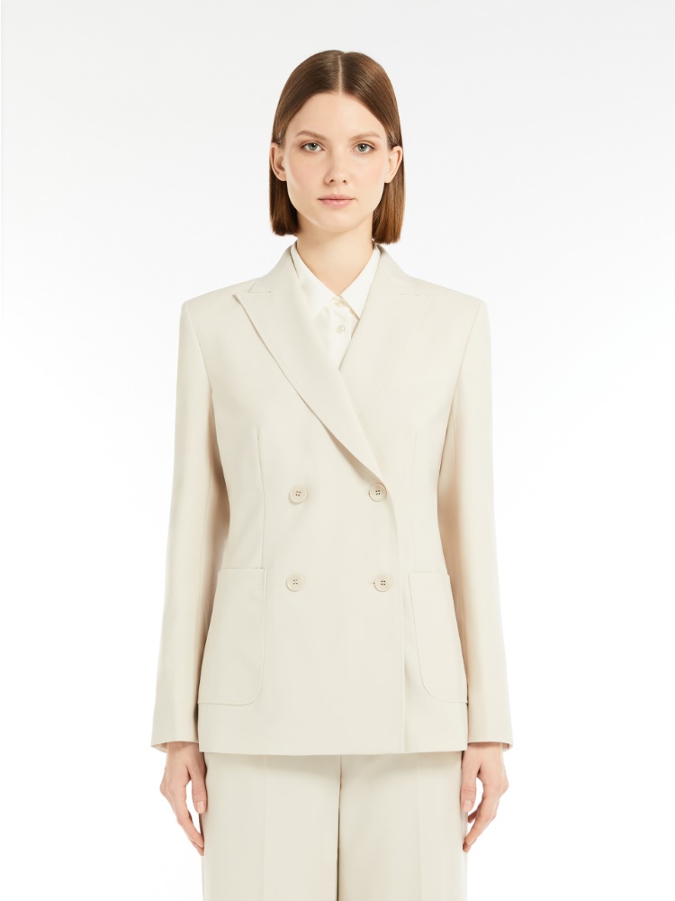 Double-breasted blazer in stretch wool canvas, sand