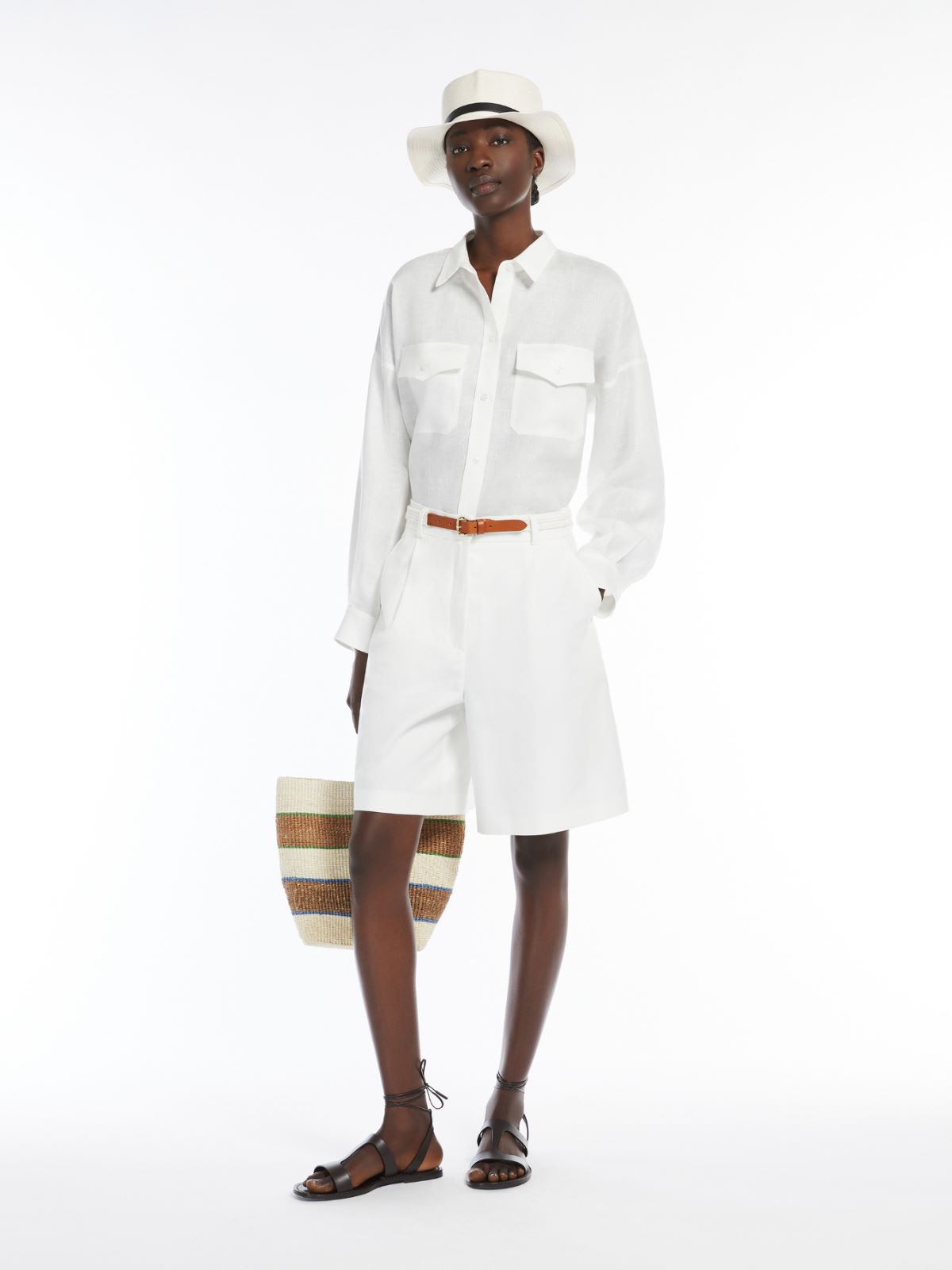 Cotton and linen flared Bermuda shorts + WHITE - Max Mara