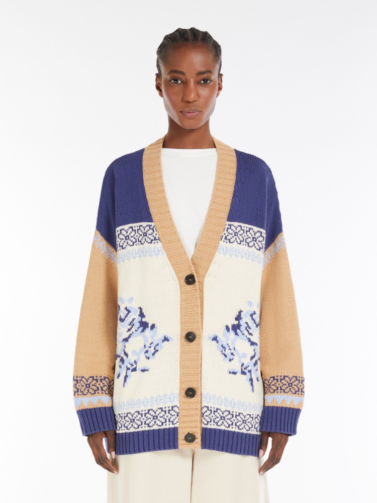 Colour-block cardigan in cotton yarn, navy | 