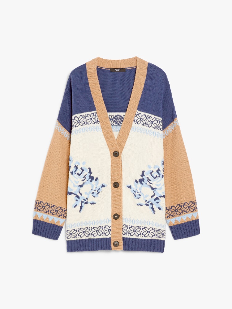 【関税&送料込み】Max Mara Wool Tricot Cardigan Colour-block cardigan in cotton yarn, navy |
