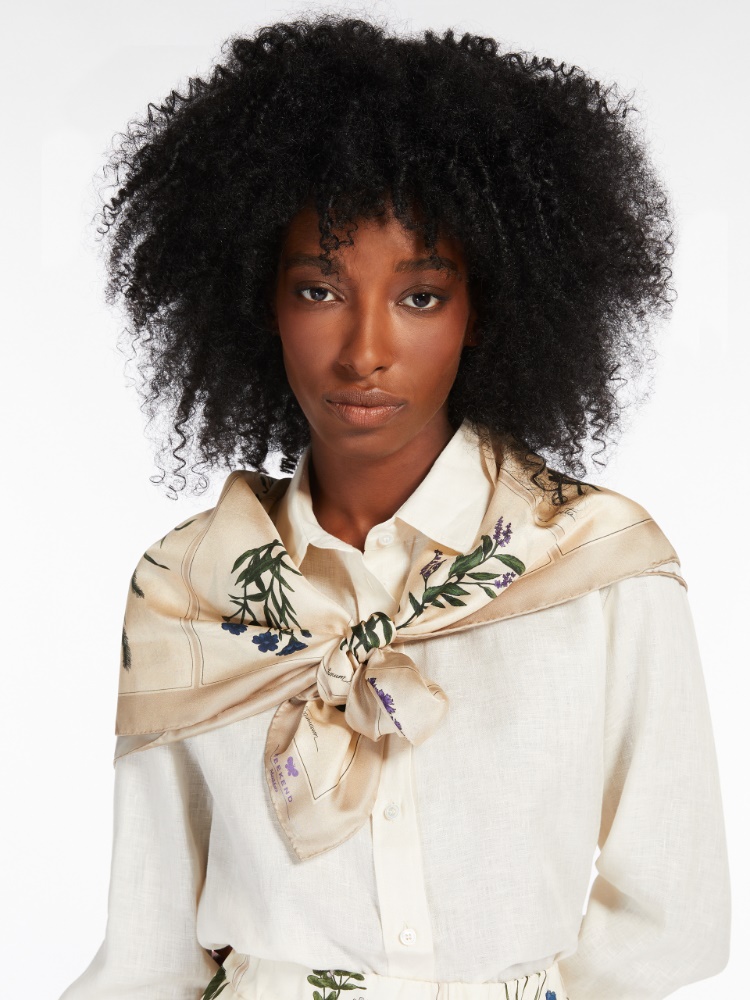 Printed silk twill foulard, beige | 