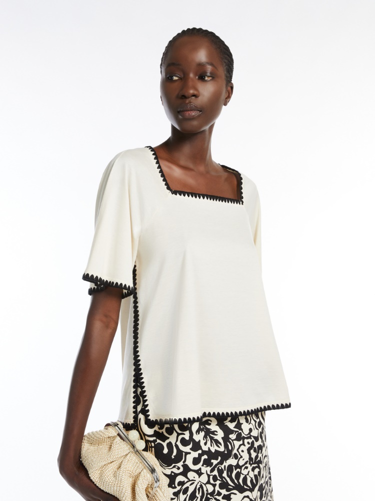 Jersey top with embroidery, ecru | 