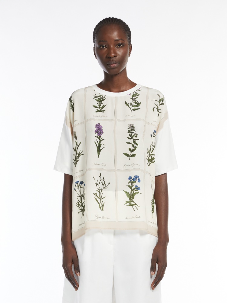 【WEEKEND MAX MARA】プリント シルク & ジャージー Tシャツ Printed silk and jersey T-shirt, ivory | Weekend Max Mara