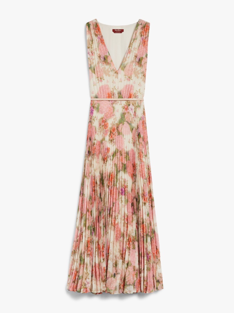 Flared printed georgette dress, ivory | 