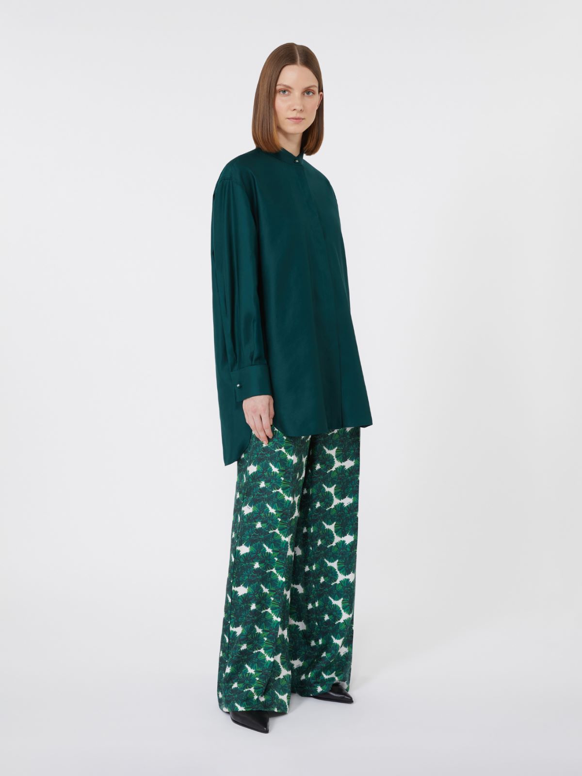 Oversized cotton satin shirt - DARK GREEN - Max Mara