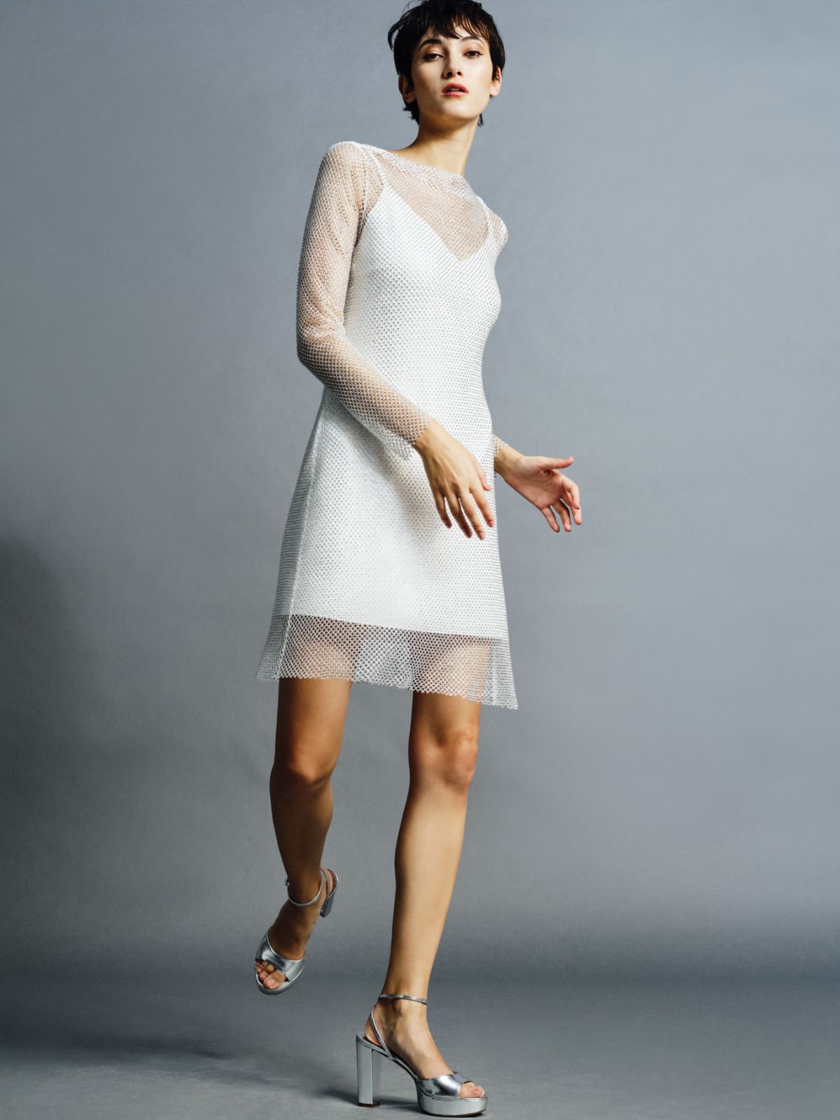 Kurzes, mit Kristallen besticktes Netzkleid - WEISS - Max Mara