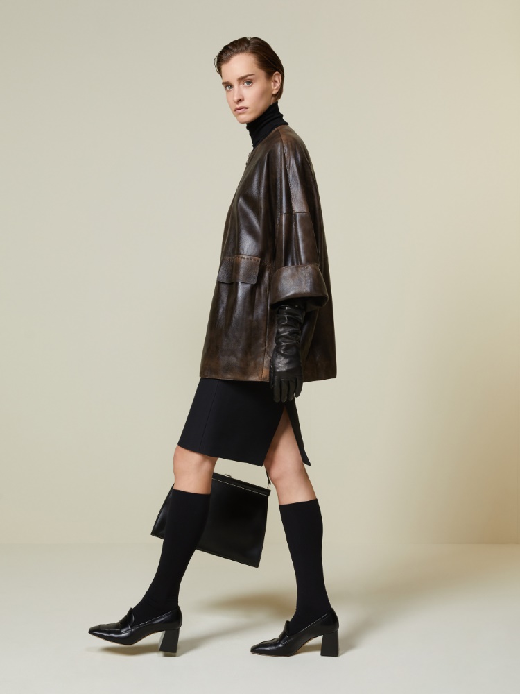Kurtka w stylu bomber z miękkiej, błyszczącej skóry nappa + CIEMNOBRĄZOWY - Max Mara