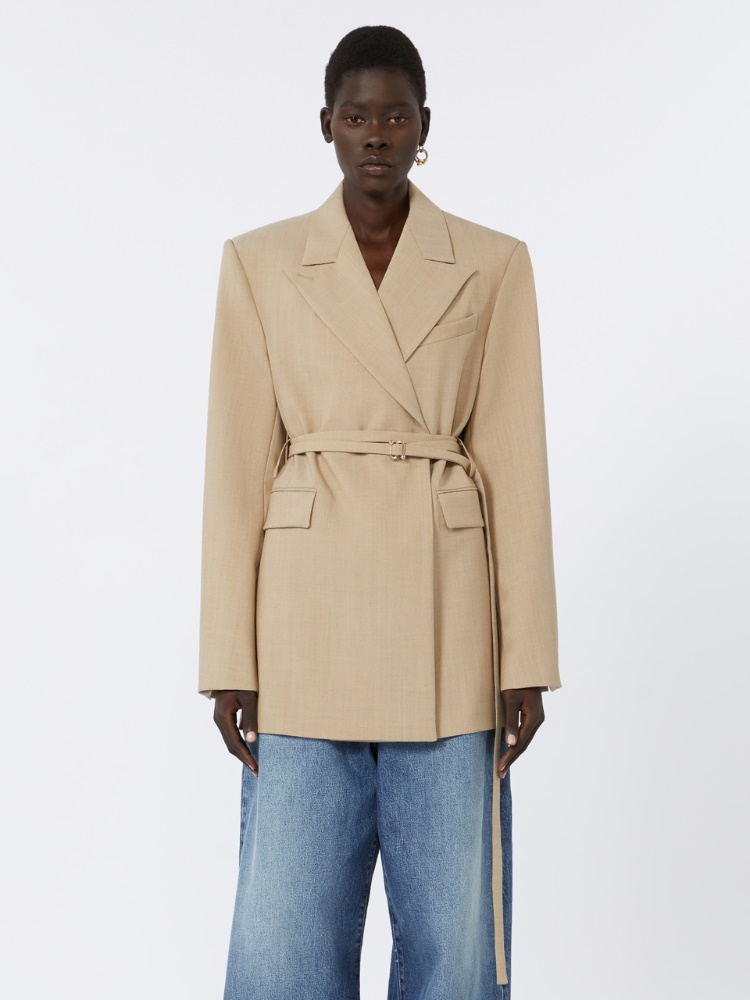 Long double-breasted wool blazer, beige shaded | 