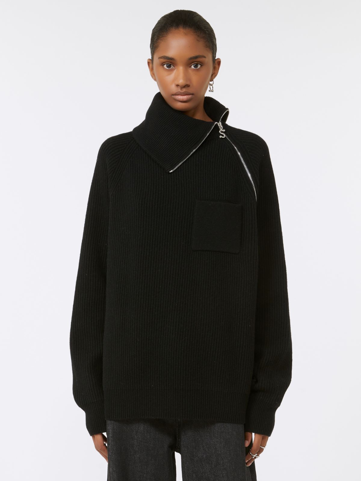 Sweter z domieszką kaszmiru na zamek - CZARNY - Max Mara - 6