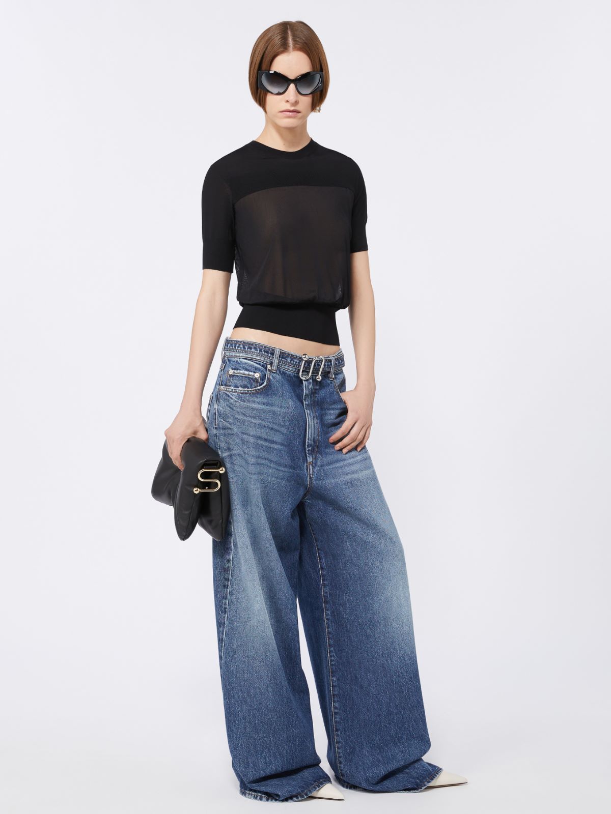 Bi-material short-sleeved jumper - BLACK - Max Mara