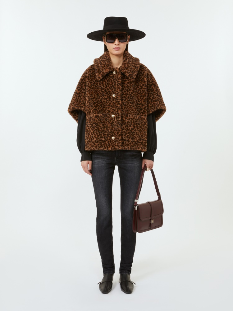 Pluszowa żakardowa peleryna z alpaki i wełny w stylu Teddy - BEŻOWY - Max Mara