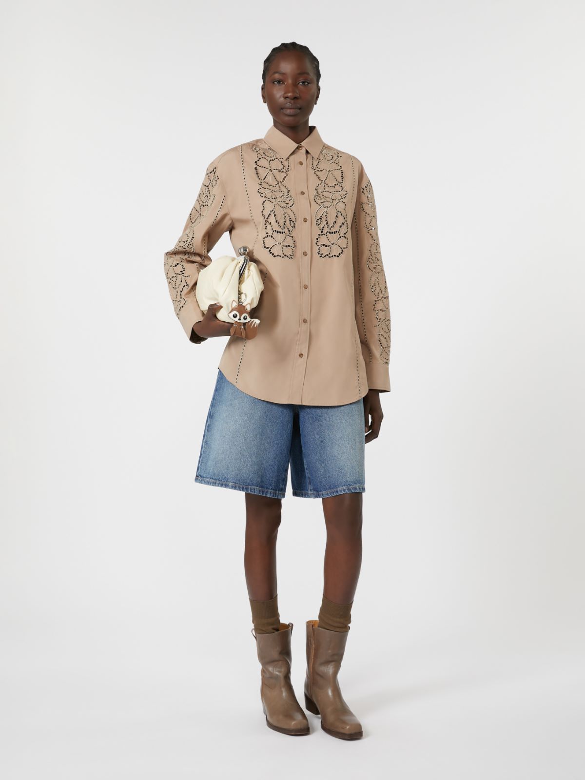 Relaxed-fit embroidered poplin shirt - LIGHT BROWN - Max Mara