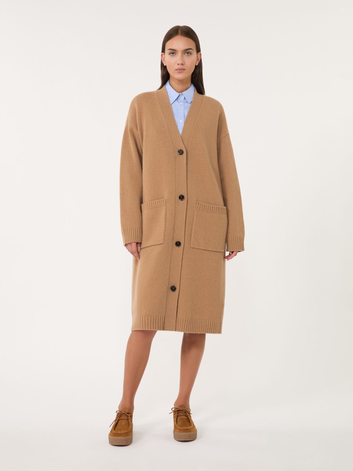 Długi kardigan z przędzy wełnianej + WIELBŁĄDZI - Max Mara