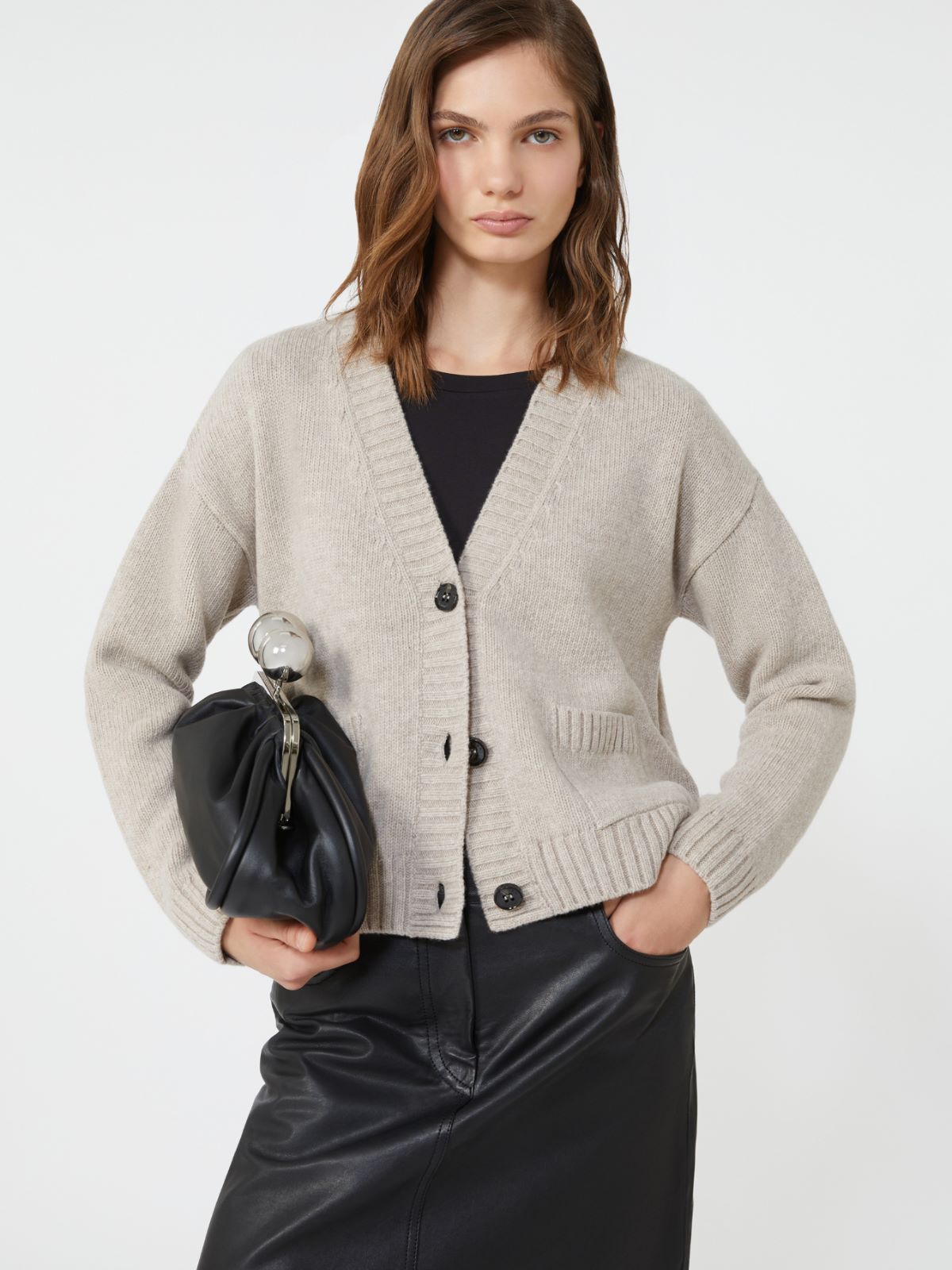 Wool knit V-neck cardigan - SAND - Max Mara - 4