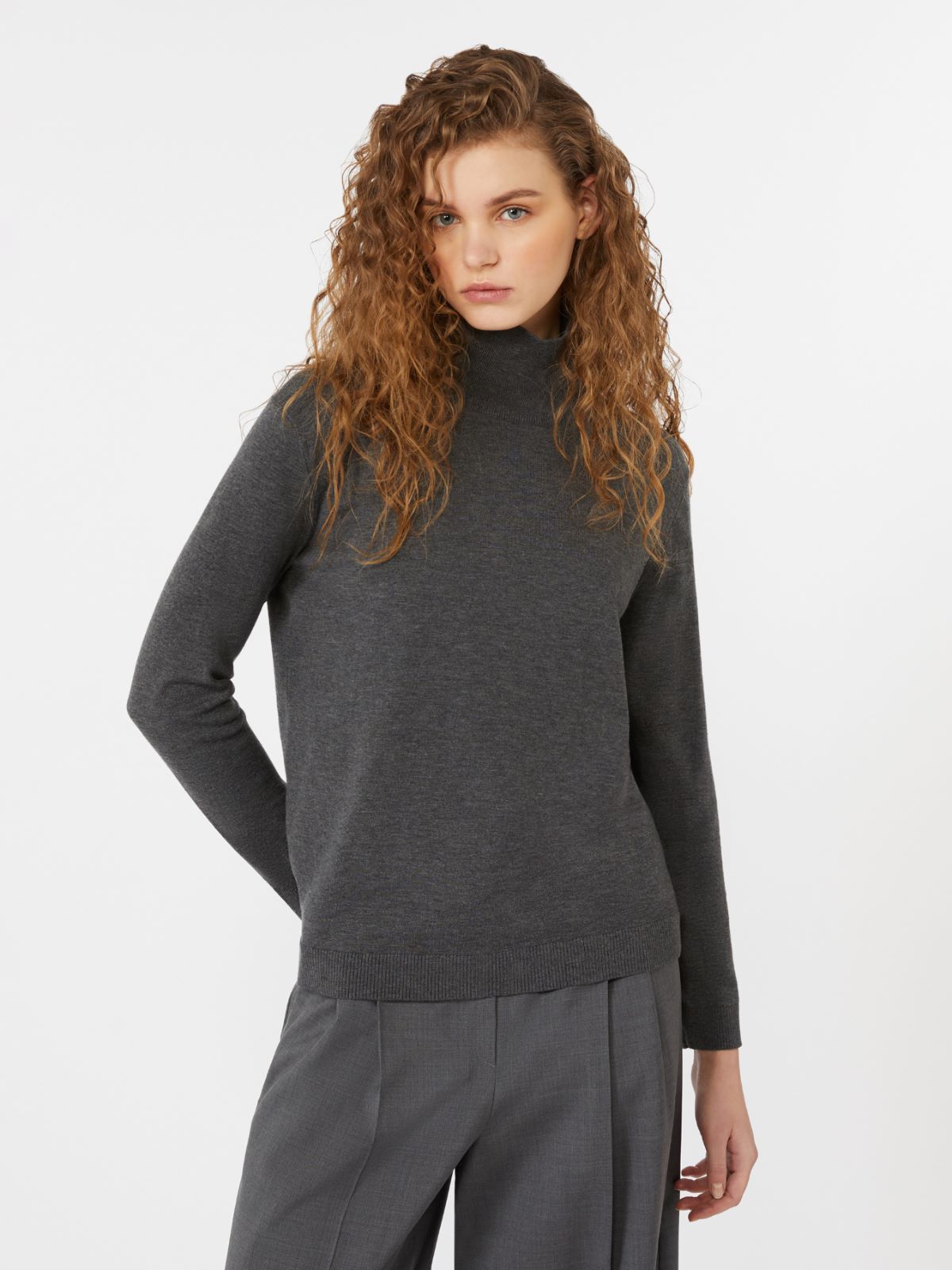 Pull à col roulé en fil de soie et laine - GRIS FONCE - Max Mara - 4