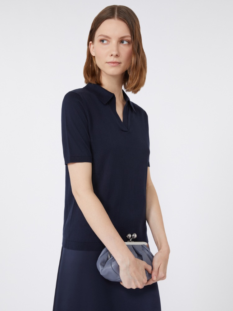 Silk and cotton polo T-shirt, navy | 