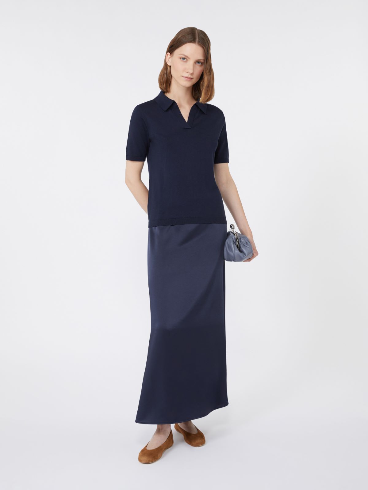 T-shirt o fasonie polo z jedwabiu i bawełny - GRANATOWY - Max Mara