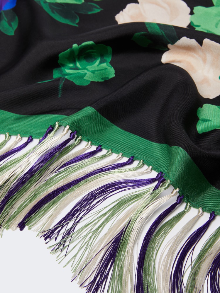 Fringed printed silk scarf, dark green | 