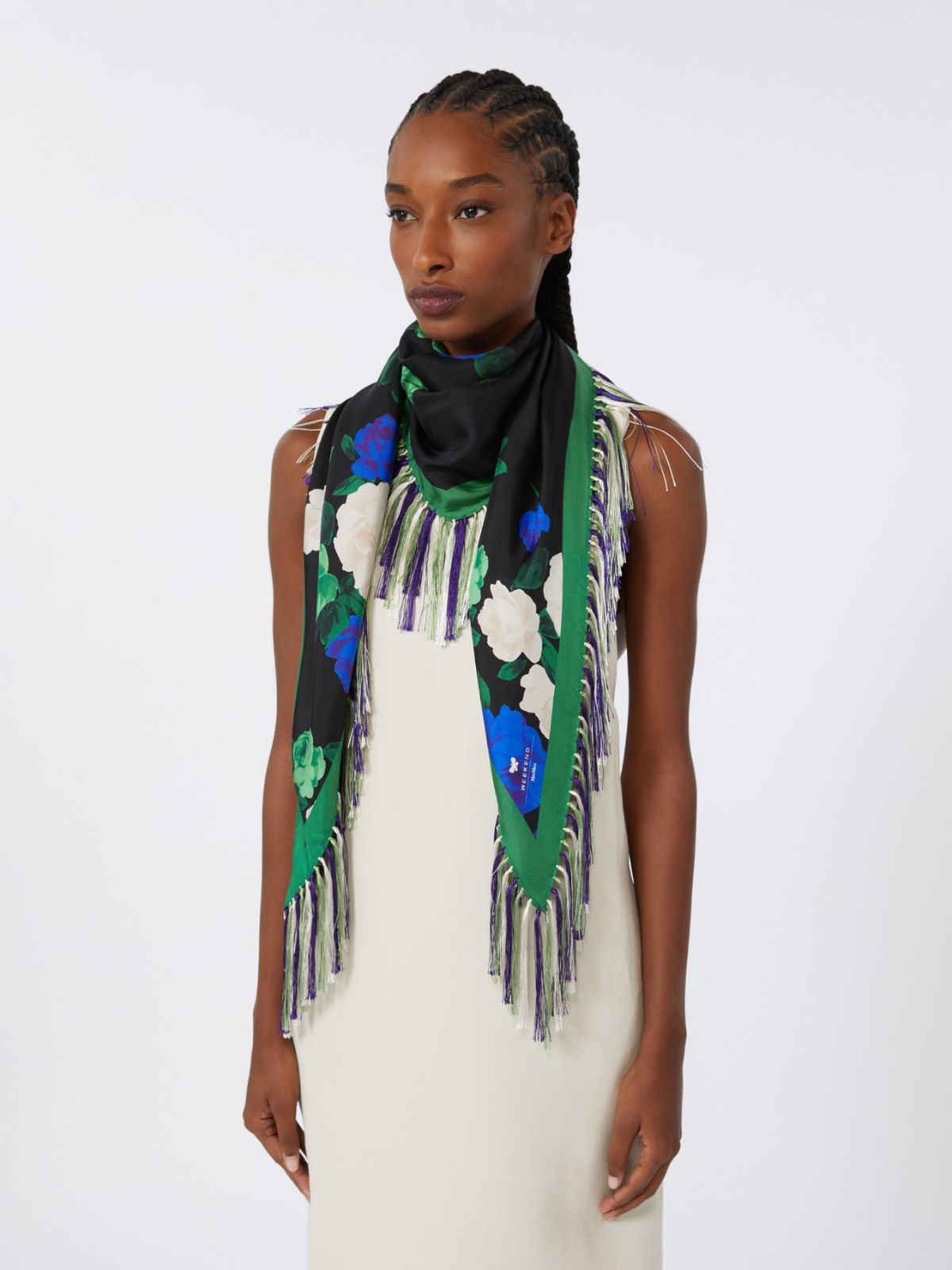Fringed printed silk scarf - DARK GREEN - Max Mara - 9