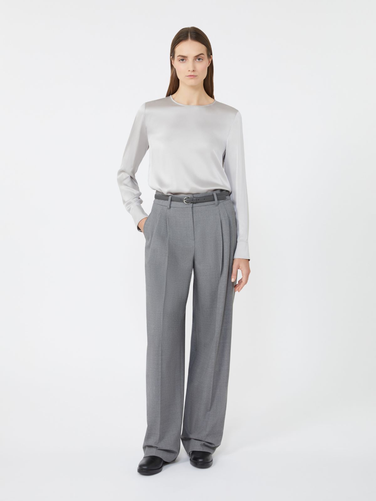 Crew-neck silk satin shirt + PEARL GREY - Max Mara
