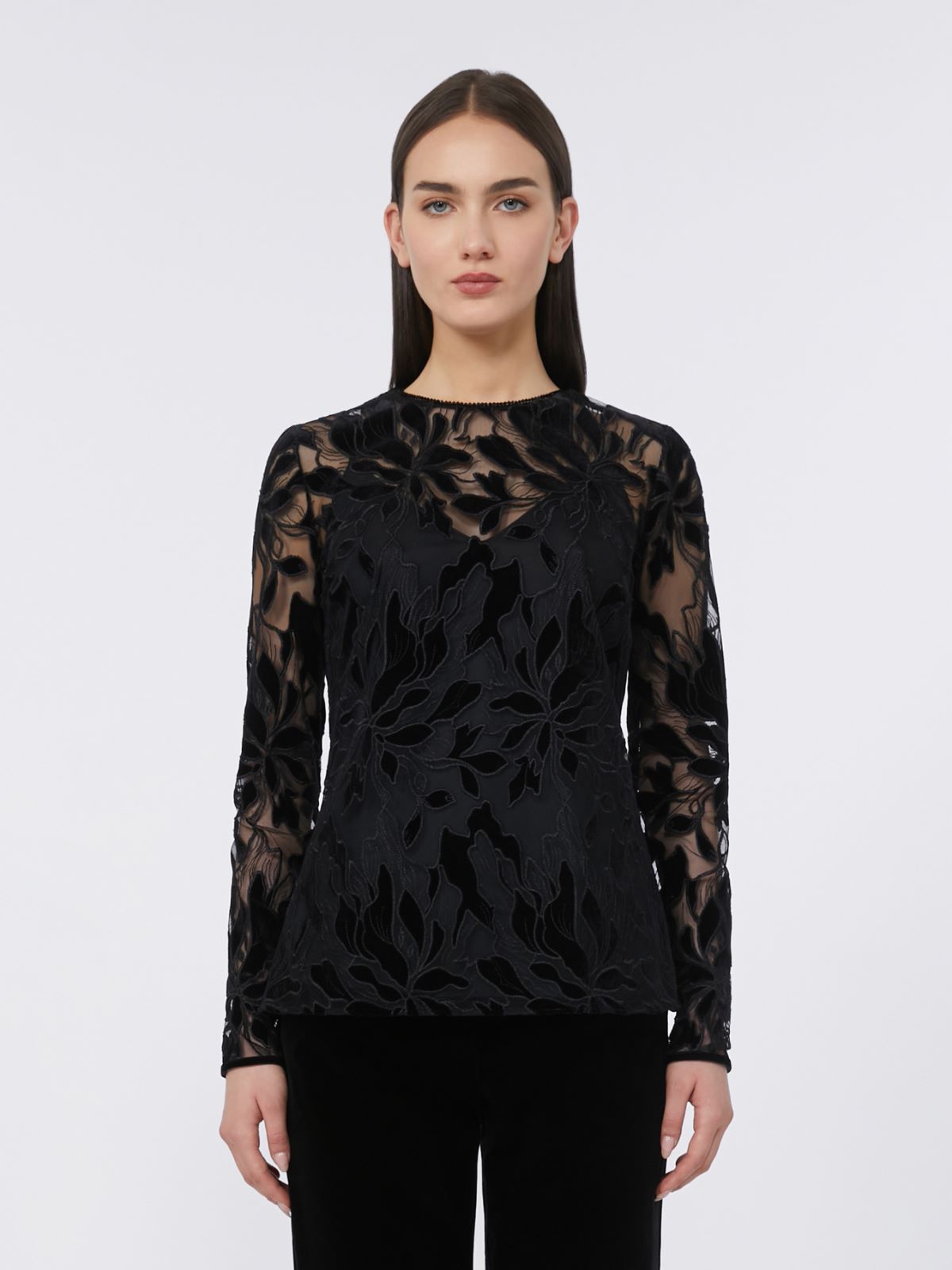 Koszulka z tiulu z aksamitnym haftem - CZARNY - Max Mara - 2