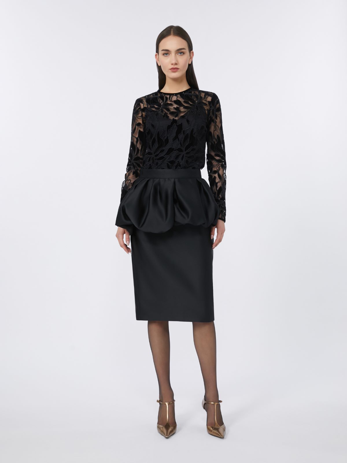 Tulle T-shirt with velvet embroidery + BLACK - Max Mara