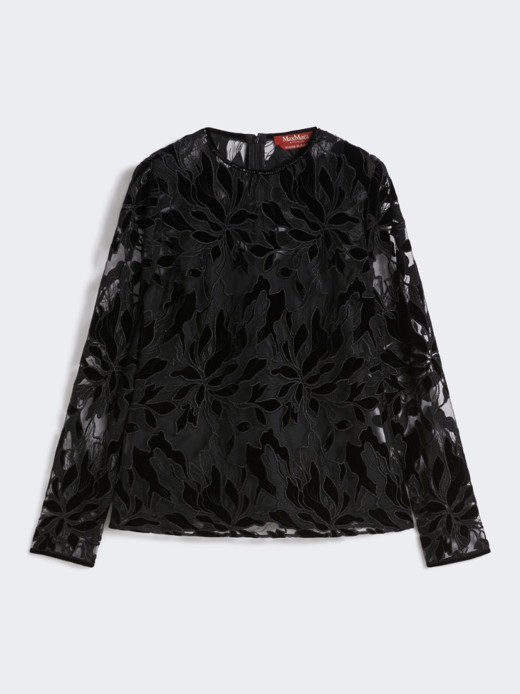 Tulle T-shirt with velvet embroidery - BLACK - Max Mara