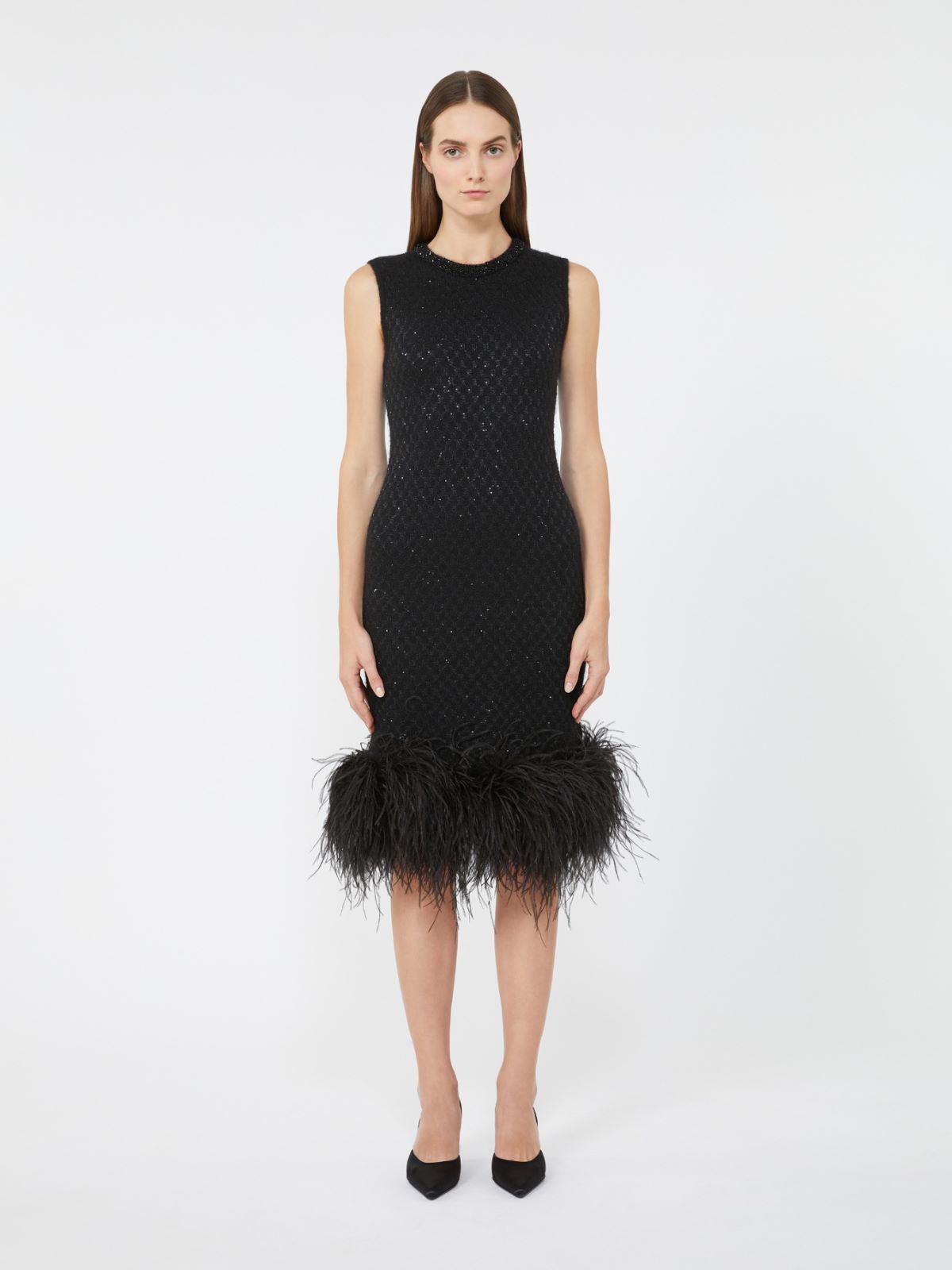 Sukienka mini z wełny i moheru z piórami - CZARNY - Max Mara - 2