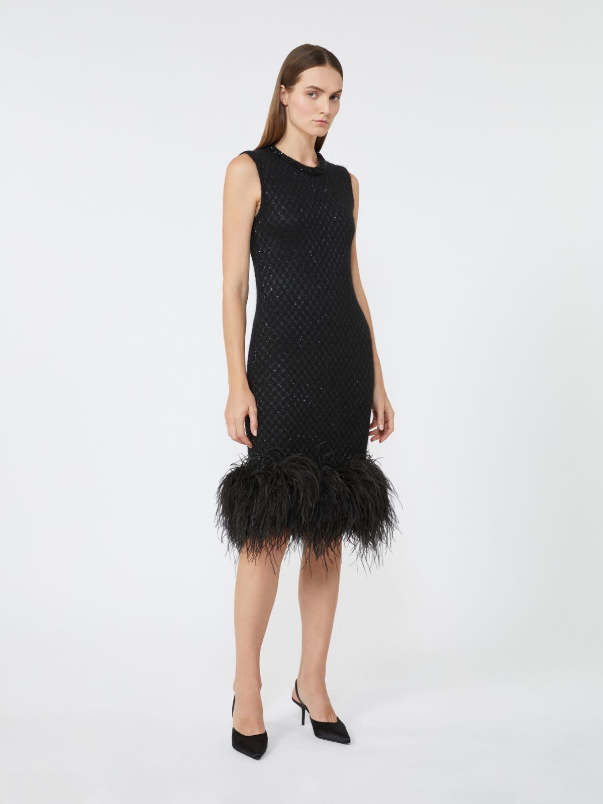 Wool and mohair mini dress with feather detail - BLACK - Max Mara