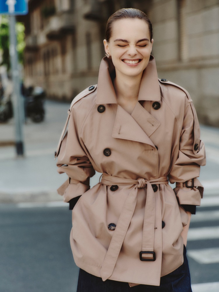 Short double-breasted trench coat in water-repellent cotton twill + CAMEL - Max Mara